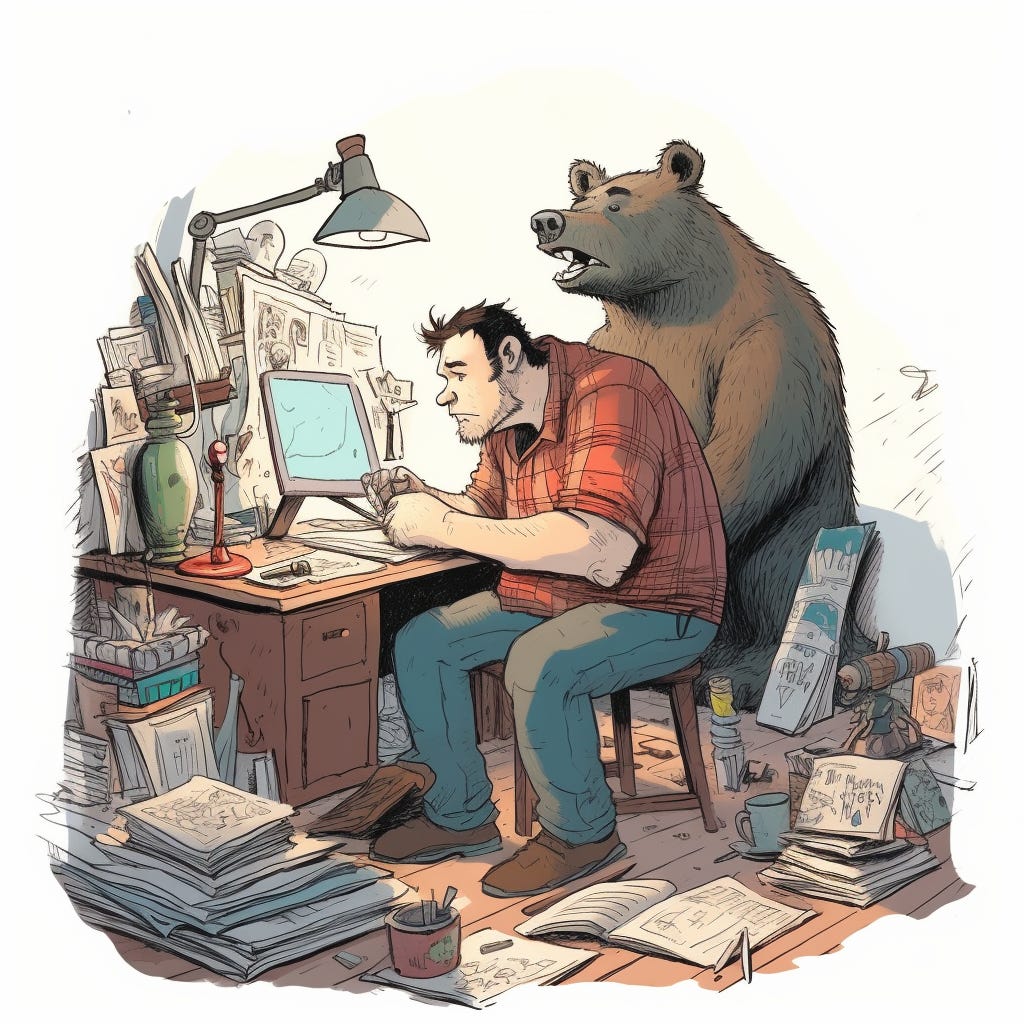 Writer, with a bear - Midjourney