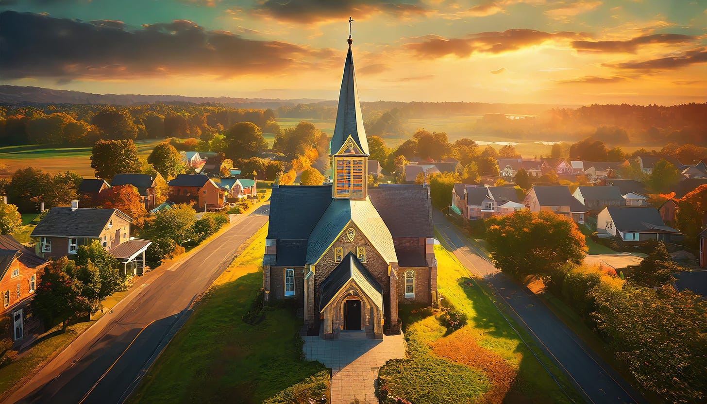 An aerial view of a church amidst a rural neighborhood