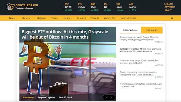 screencap of cointellegraph website shows prices of Bitcoin and other crypto currencies, and lists a bunch of articles. Lead story shows a cartoon bitcoin  looking through an aiport window at an airplane labeld ETF.