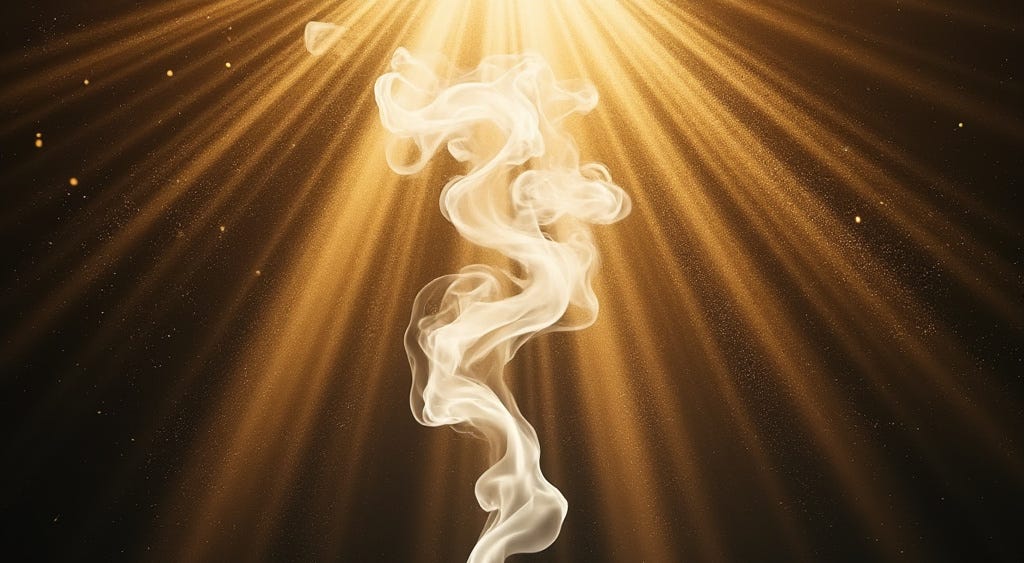 The image aligns with 1 Kings 9:25 KJV, where Solomon offers burnt offerings and incense upon the altar before the Lord. The rising smoke symbolizes the incense offered in worship, drifting upward in a display of reverence. The golden beams of light shining down represent the divine presence of the LORD, illuminating the scene as Solomon fulfills his duties before God. The dark background contrasts with the bright, holy light, underscoring the sacredness of the altar and the offerings made in the LORD's house. The moment is one of solemn worship and divine acknowledgment.