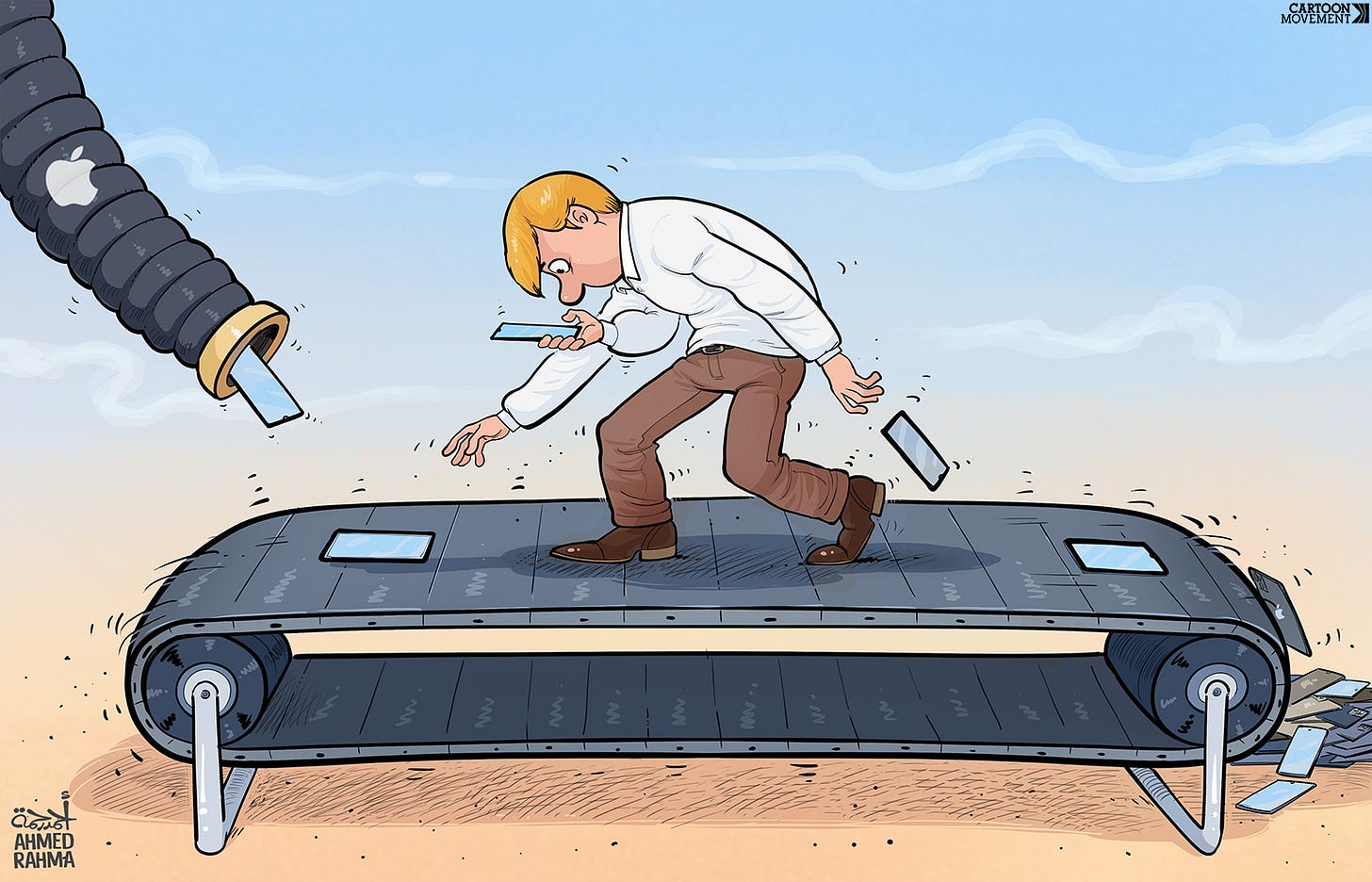 Cartoon showing a man walking on a conveyor belt. On one end of the conveyor belt is a tube spitting out new models of iPhones. The man picks up each new model, while dropping the older one. On the other side of the conveyor belt is a heap of discarded iPhones.