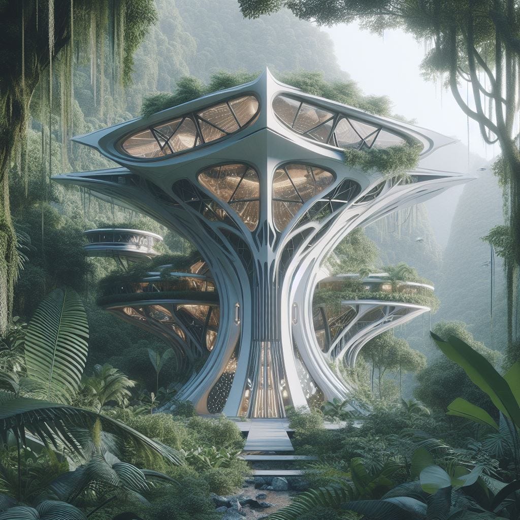 neofuturist art nouveau scifi elven minimalist space colony mass effect architecture in jungle