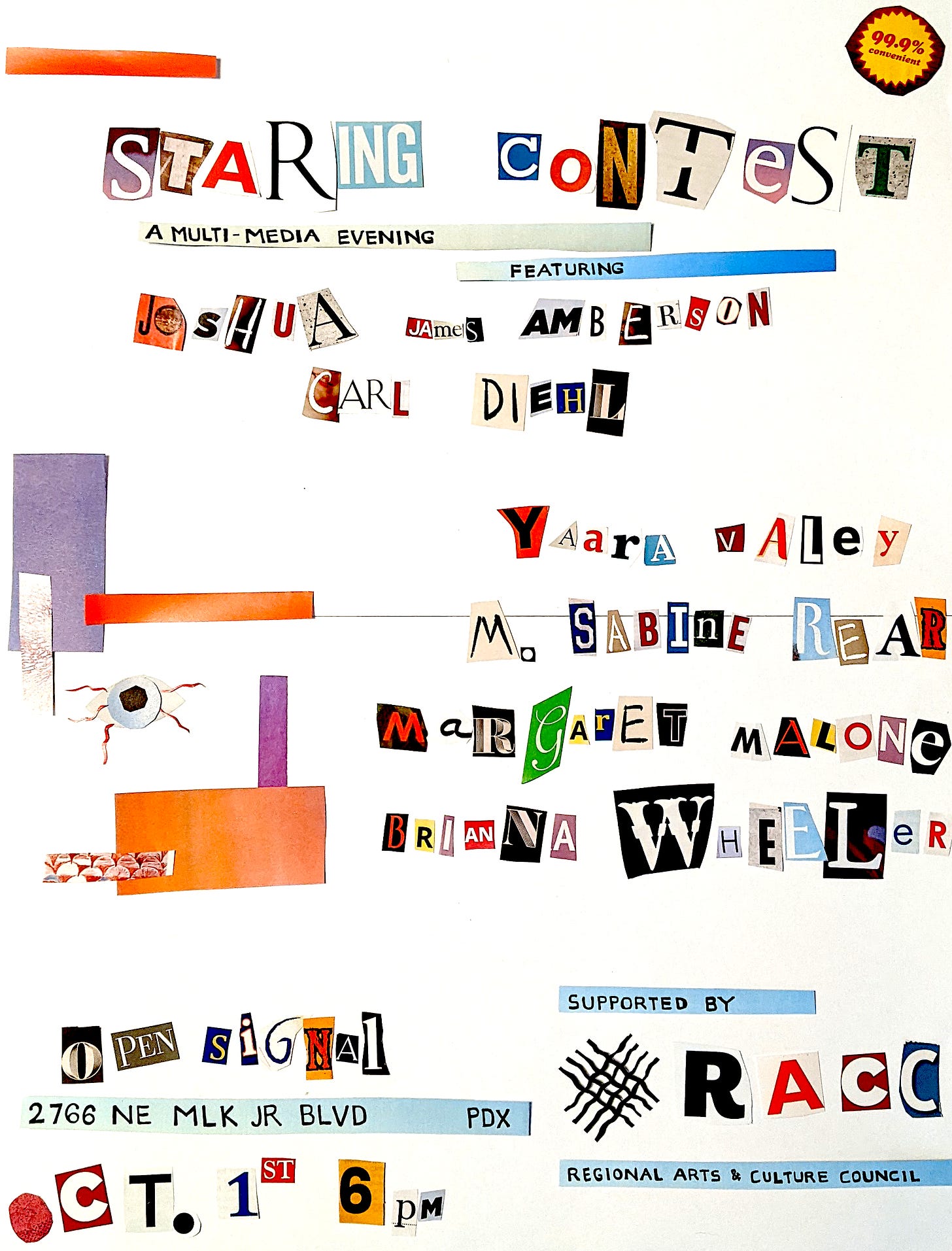 A cut-and-paste, "ransom note" style flyer with letters of different sizes and colors, small strips of paper, and little eyeballs. For an event on October 1st at the Open Signal media arts center in Portland, Oregon.