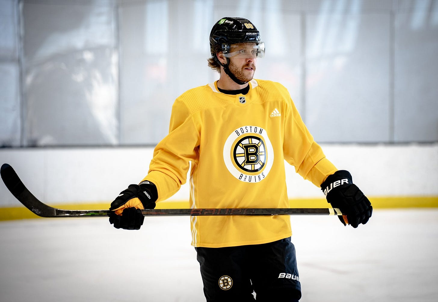 David Pastrnak holds his stick during Wednesday’s practice.