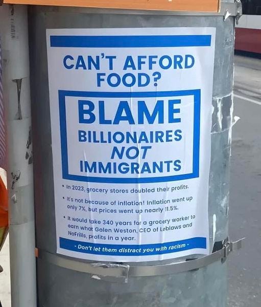 a sign says "can't afford food? Blame billionaires not immigrants"