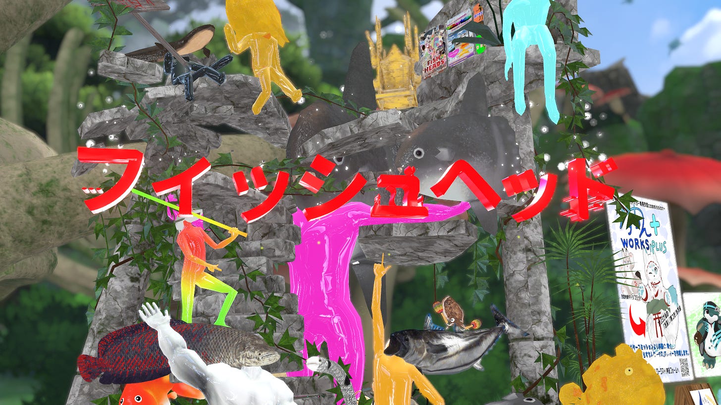 A rocky VKET booth displays many colorful fish-human avatars. There is red Japanese text across the middle.