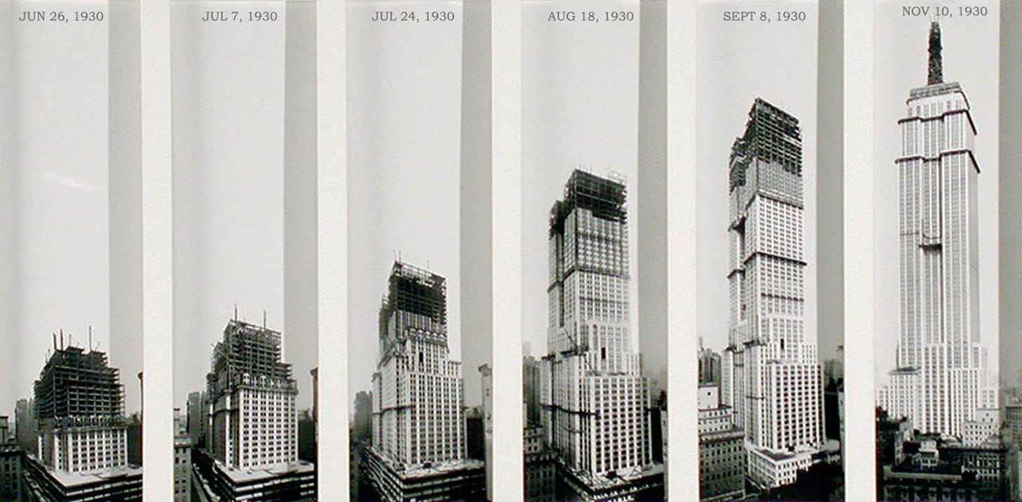 A series of six black-and-white photographs showing the construction progress of the Empire State Building in 1930, from its foundation to completion. The photos are labeled with dates: June 26, July 7, July 24, August 14, September 9, and November 10. Each panel depicts a significant stage of construction, with steel beams rising higher and the building gradually taking shape. By the final image, the iconic spire is completed, showcasing the rapid pace of construction for the era.