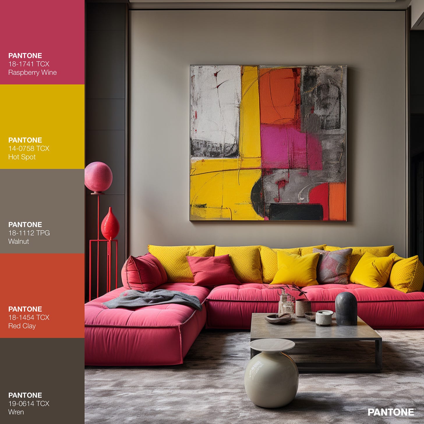 Living room with pink and yellow sofa and start grey walls