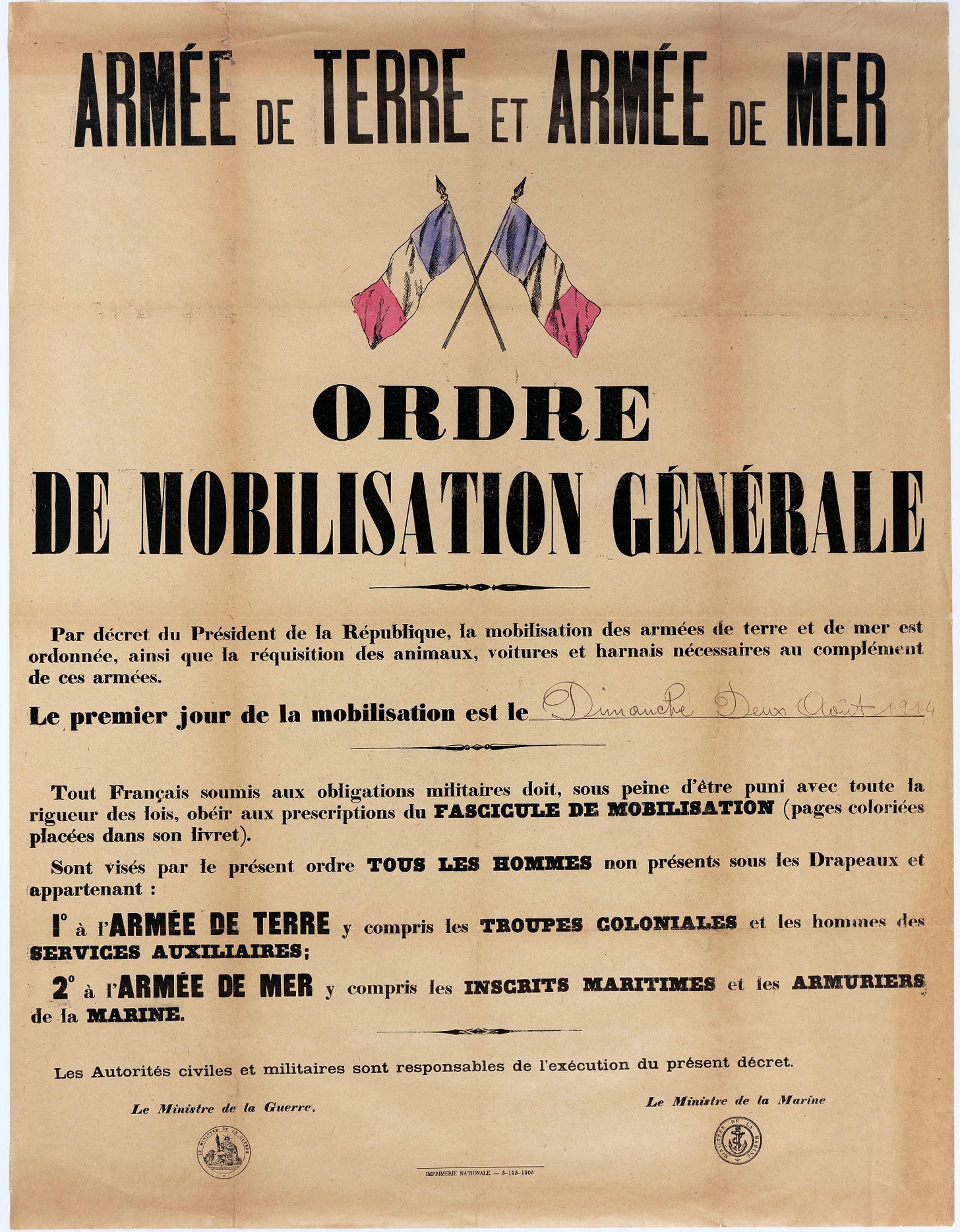 Affiche publique appelant à la mobilisation des armées françaises, 2 août 1914