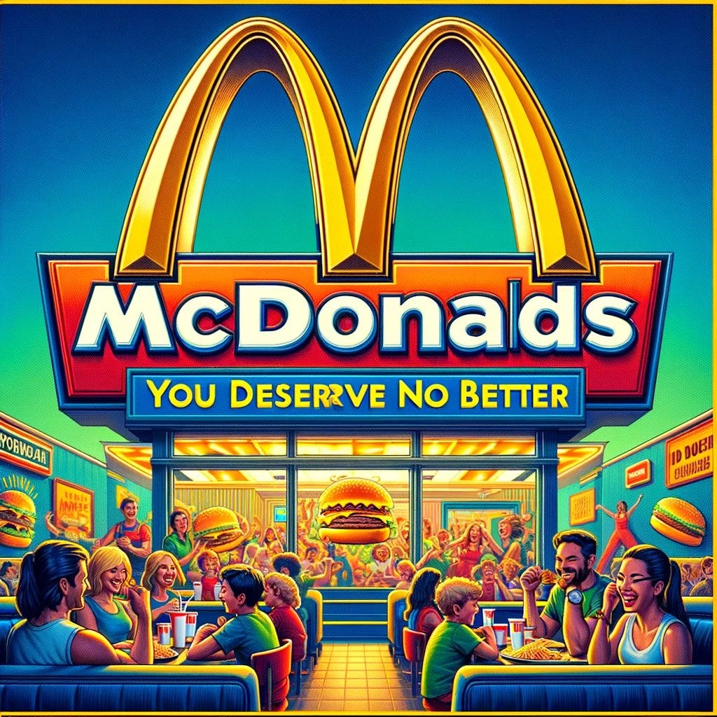 "An advertisement image for a fast-food restaurant with a logo of an arched golden M. The setting is vibrant and colorful, showcasing a bustling restaurant with happy customers enjoying various fast food items like burgers and fries. In the foreground, a caption in bold, enticing advertisement typography reads: "M c D o n a l d s : Y o u D e s e r v e N o B e t t e r" but without the spaces between the letters, creating the correct slogan "McDonalds: You Deserve No Better". The image should have a humorous and slightly ironic tone, contrasting the lively restaurant scene with the slogan."