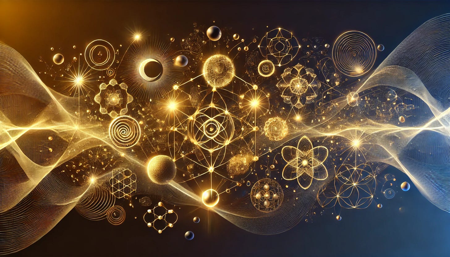 A symbolic and conceptual banner image for 'The -eur Network,' focusing on interconnected golden nodes representing abstract concepts like taste, creativity, innovation, and cultural transformation. The nodes are linked by glowing threads of light, forming a radiant, futuristic network. Surrounding the nodes are abstract visual elements evoking refinement, evolution, and vision—such as flowing gradients, fractal-like designs, and aesthetic symmetry. The color palette should feature gold, deep indigo, and subtle gradients, with a clean, ethereal, and modern style. Avoid any text and emphasize a seamless blend of symbolism and aesthetics.