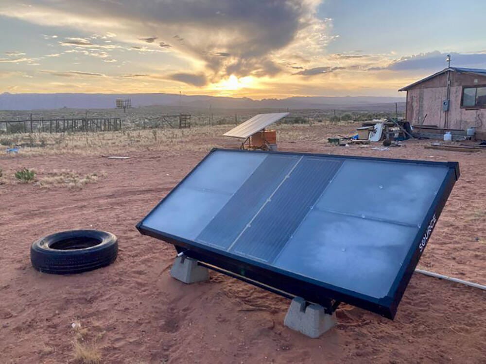 A hydropanel installed at a home on the Navajo Nation, where many residents live without running water or electricity. (Peter O'Dowd/Here & Now)