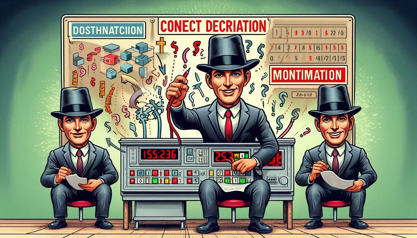 Caricatura satirica. No uses palabras ni números. Conecta decisión, operación y monetización en la estrategia de datos empresarial
