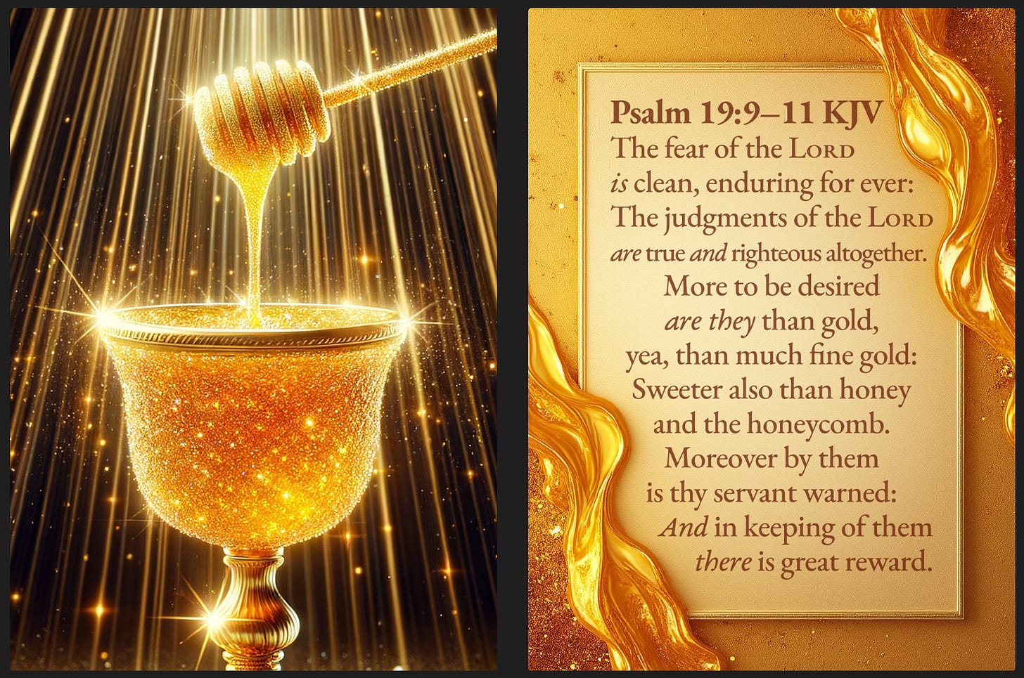 The image shows two sections: on the left, a honey dipper dripping golden, sparkling honey into a radiant, glowing goblet, surrounded by beams of golden light, creating a majestic and luxurious effect. On the right, a passage from Psalm 19:9-11 KJV is displayed in an elegant gold-themed design, emphasizing the value of God's words as greater than gold and sweeter than honey.