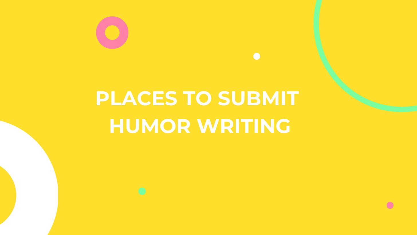 Bright yellow background with the words "Places to Submit Humor Writing" in white.