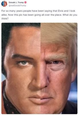A picture that is half Elvis Presley's face and half Donald Trump's