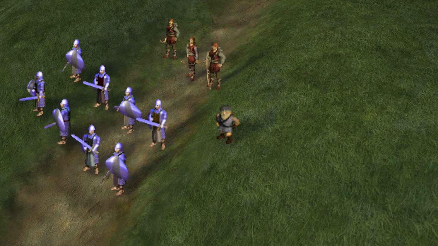 Screenshot from Myth II: Soulblighter with dwarf in the center.