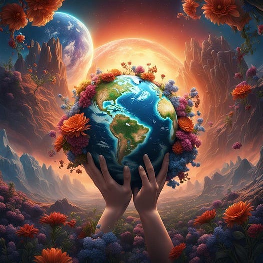 Hands hold a flower covered Earth