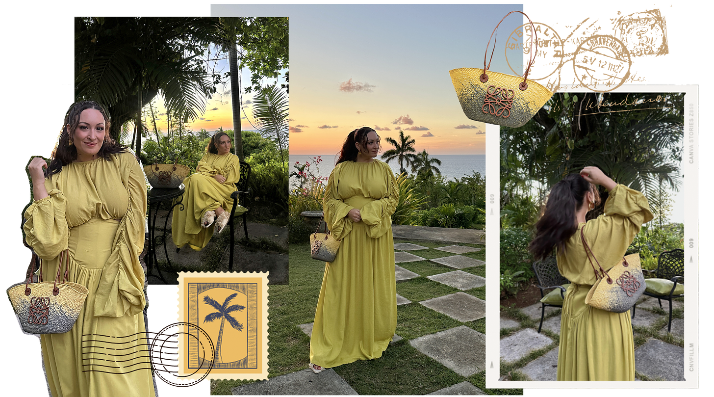 Sunset images of Bella wearing an all-green Andrea Iyamah look in Jamaica