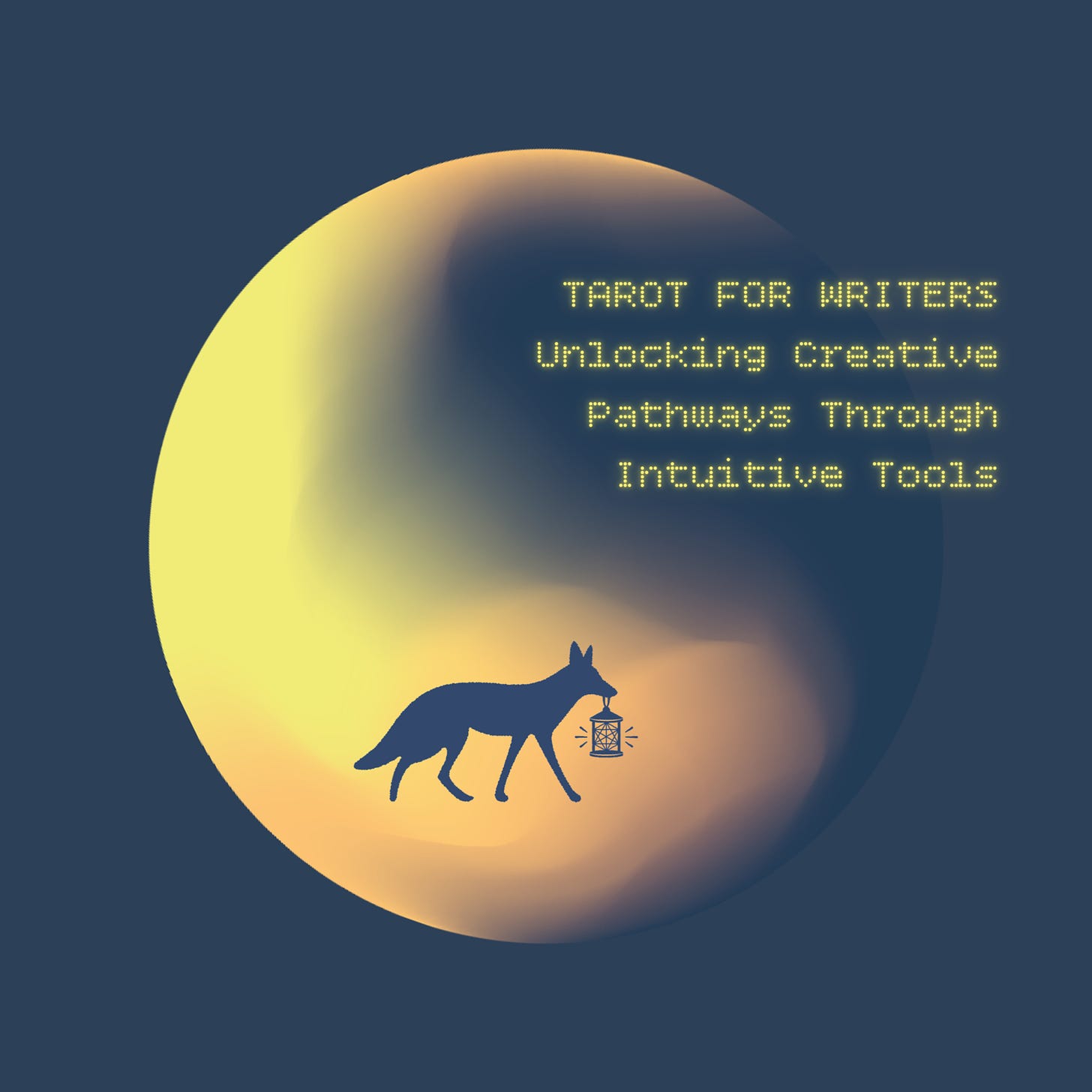 A promotional image for the Tarot for Writers class with a coyote carrying a lantern