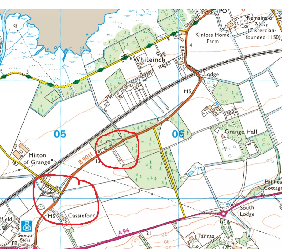 Map showing the locations of Cassieford (left) and Inchdemmie (right) on the B9011 Forres to Kinloss road (Ordnance Survey)
