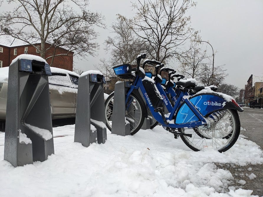 photos of citibike rentals in the snow