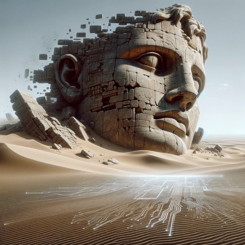 A stark, vast desert landscape, where the remnants of a colossal statue lie partially buried in the sand. The focus is on the broken face of the statue, with a proud yet eroded expression, hinting at the poem 'Ozymandias'. In the background, there are subtle hints of advanced technology and AI, like circuit patterns in the sand and a holographic projection emanating from the statue's base, suggesting a civilization that merged ancient grandeur with futuristic artificial intelligence, now fallen into ruin.