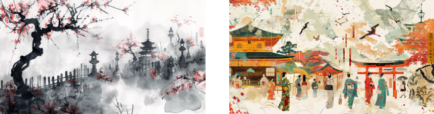 The image on the left is a monochromatic ink painting with touches of red, depicting a misty traditional Japanese landscape with cherry blossoms, a bridge, and pagoda-style buildings.  The image on the right is a colorful artwork in the style of a traditional Japanese woodblock print, featuring people in kimono at a shrine with torii gates, red lanterns, and scattered cherry blossoms, giving the impression of a festive atmosphere in a historic setting.