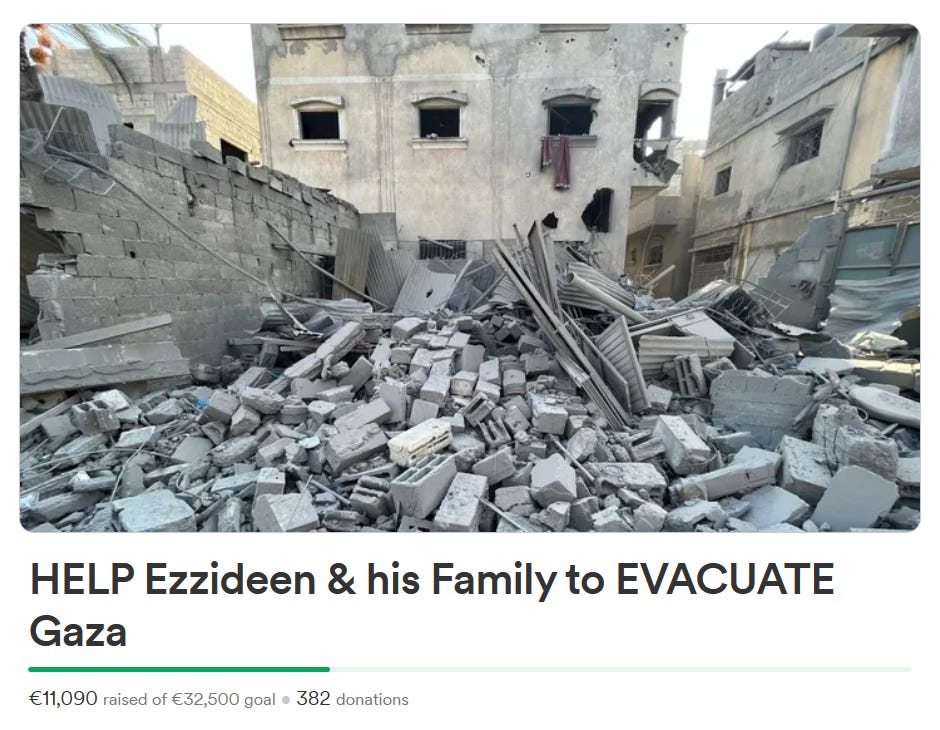 GoFundMe page with an image of a house destroyed to rubble and the headline "Help Ezzideen and his family to evacuate Gaza".