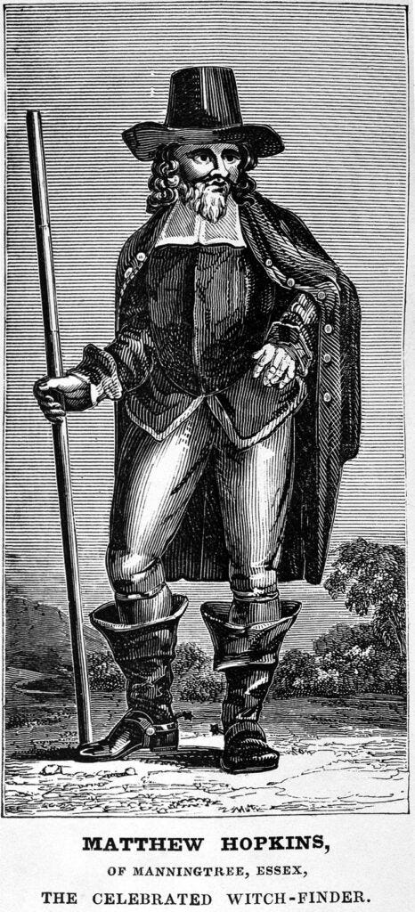 Portrait of Matthew Hopkins, "The Celebrated Witch-finder" from the 1837 edition of The discovery of witches. CC BY 4.0 https://wellcomecollection.org/works/veebwm5d