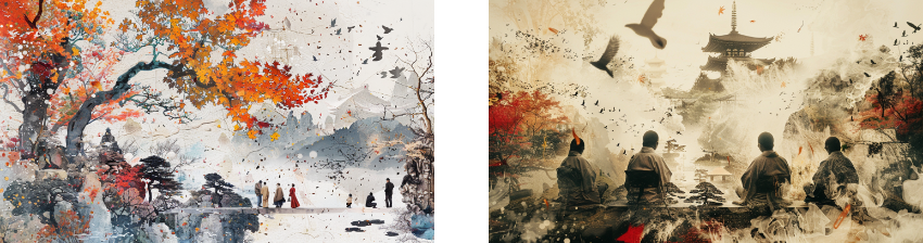 A combined image captures two scenes of tranquil spirituality. On the left, a vibrant autumn landscape features travelers walking along a path framed by bright orange leaves, misty mountains, and delicate falling foliage, creating a serene pilgrimage atmosphere. On the right, monks sit in meditation overlooking a distant pagoda enveloped in mist, with birds soaring overhead and colorful autumn leaves swirling around them. Both scenes convey a sense of reflection and harmony within nature, highlighting the relationship between human spirituality and the natural world.