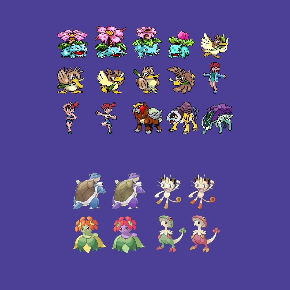 An example of sprites and Ken Sugimori artwork recolours from Pokémon Forever