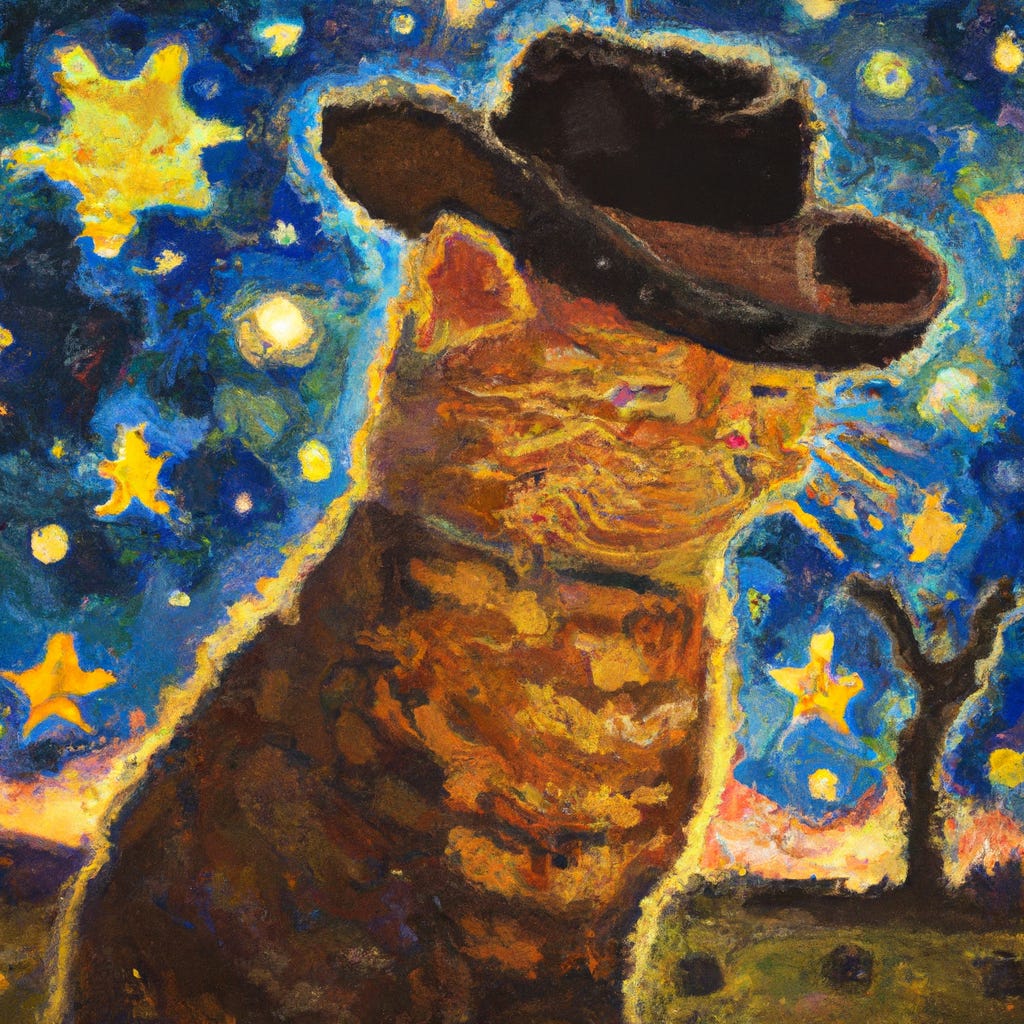 an AI-generated image of an orange cat wearing a cowboy hat with a Van Gogh starry night-like scene in the background
