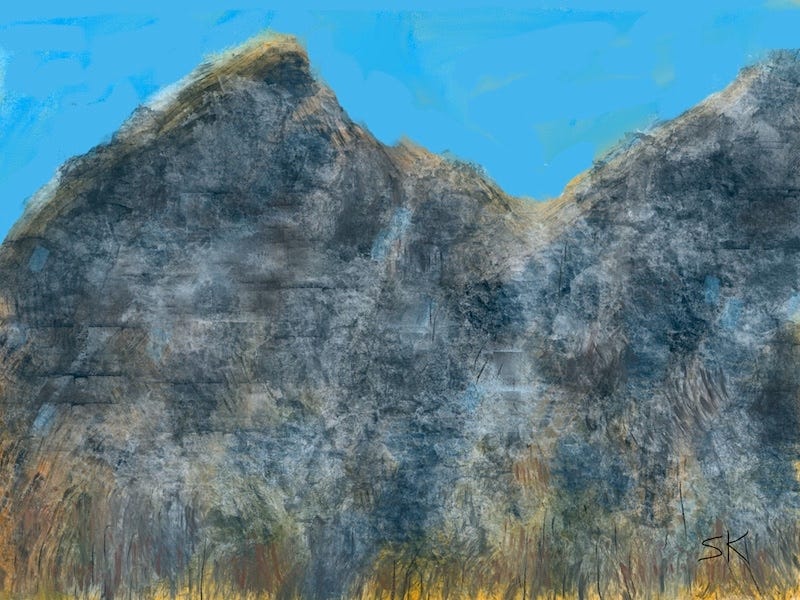 Digital painting by Sherry Killam Arts of the face of a granite mountain rising from the desert floor.