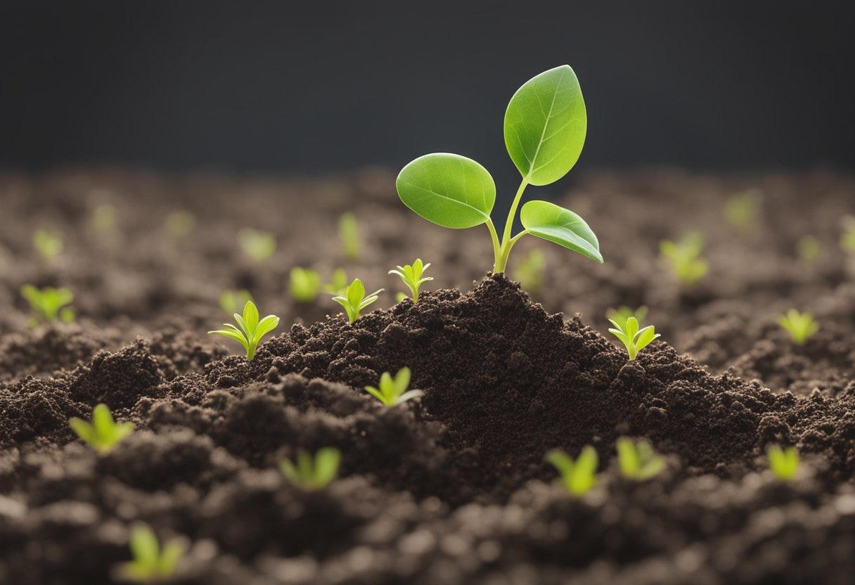 A lone seedling breaking through the soil, surrounded by tiny sprouts, symbolizing the importance of small victories in achieving larger goals