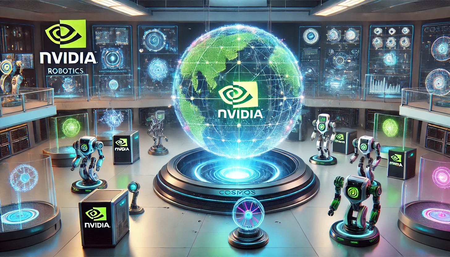 A 16:9 futuristic illustration depicting an Nvidia robotics lab. The centerpiece is a glowing, globe-like hologram labeled 'Cosmos,' emitting vibrant blue and green light. Surrounding the hologram are small, advanced robot prototypes in various stages of development, each with unique designs and glowing accents. The lab features sleek, high-tech workstations, robotic arms, and holographic displays showcasing technical schematics. The background includes a clean and futuristic environment with Nvidia branding subtly integrated into the design, emphasizing cutting-edge robotics innovation.