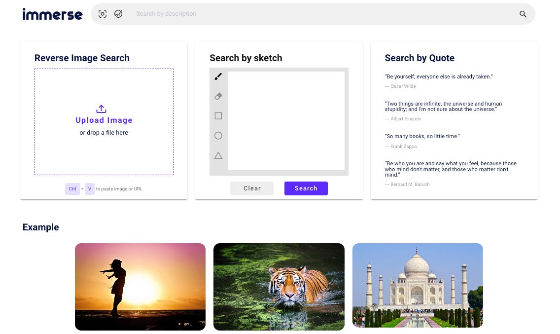 Home page of the Immerse app for reverse image lookup