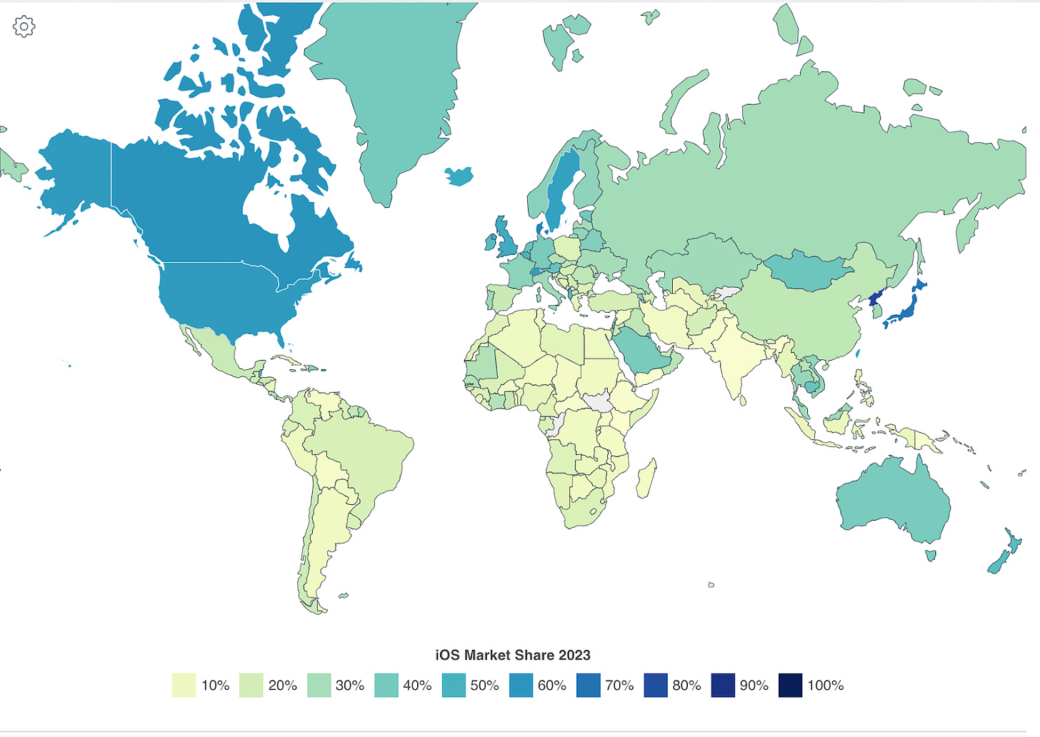 A world map showing countries colored by iOS usage. Most countries show somewhere between green and blue, but the US, Canada and Japan are dark blue (indicating heavy iPhone usage.)