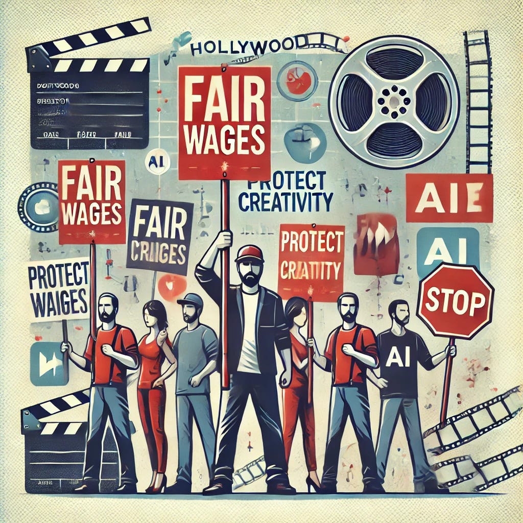 A professional and dynamic illustration representing the Hollywood strikes by writers and actors. The image features picket signs held by figures with messages like 'Fair Wages' and 'Protect Creativity.' In the background, there is a film reel and a clapperboard, alongside symbols of streaming platforms like digital screens and AI icons, symbolizing the challenges of the digital age. The overall color scheme includes muted but striking tones like reds, blues, and grays to emphasize the seriousness of the strike while maintaining an informative and balanced tone.