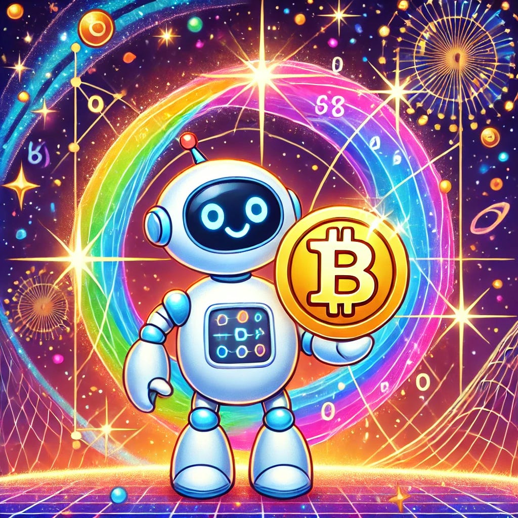 A vibrant, colorful illustration for kids featuring a friendly robot holding a glowing Bitcoin symbol. The robot is standing in front of a large, stylized mathematical graph representing an elliptic curve, with bright, playful colors like pink, blue, green, and yellow. The background has a space theme with sparkling stars and swirling galaxies. The robot has a friendly smile, with cartoonish features to make it appealing to children. The Bitcoin symbol is shiny and golden, emitting rays of light. The overall scene is fun, educational, and magical.