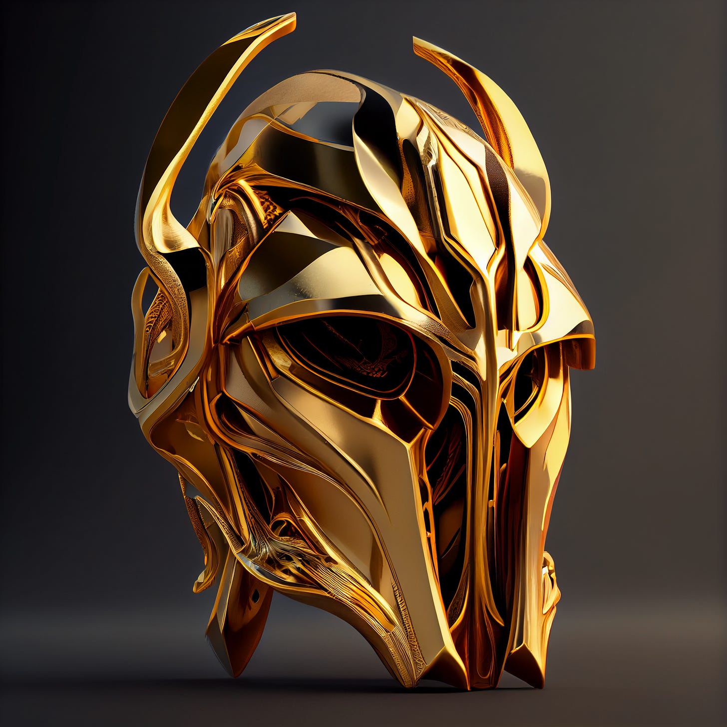 General Grievous helmet made of solid gold, dripping with melting gold, intricate, elegant, photorealistic, studio lighting, dark background, 8k