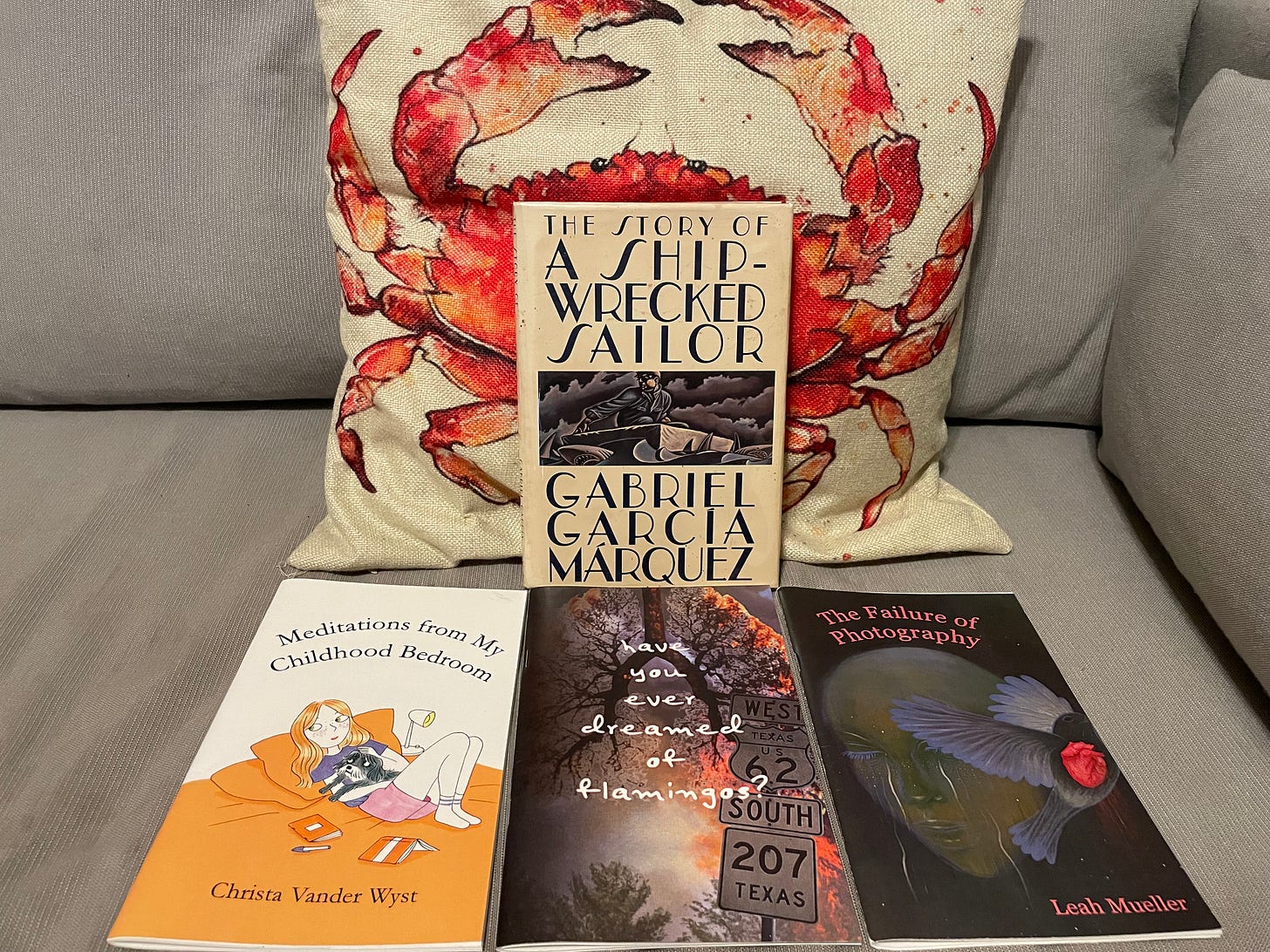 books: 'The Story of a Shipwrecked Sailor' by Gabriel García Márquez, 'Meditations from My Childhood Bedroom' by Christa Vander Wyst, 'have you ever dreamed of flamingos?' by Monica Teresa Ortiz, and 'The Failure of Photography' by Leah Mueller