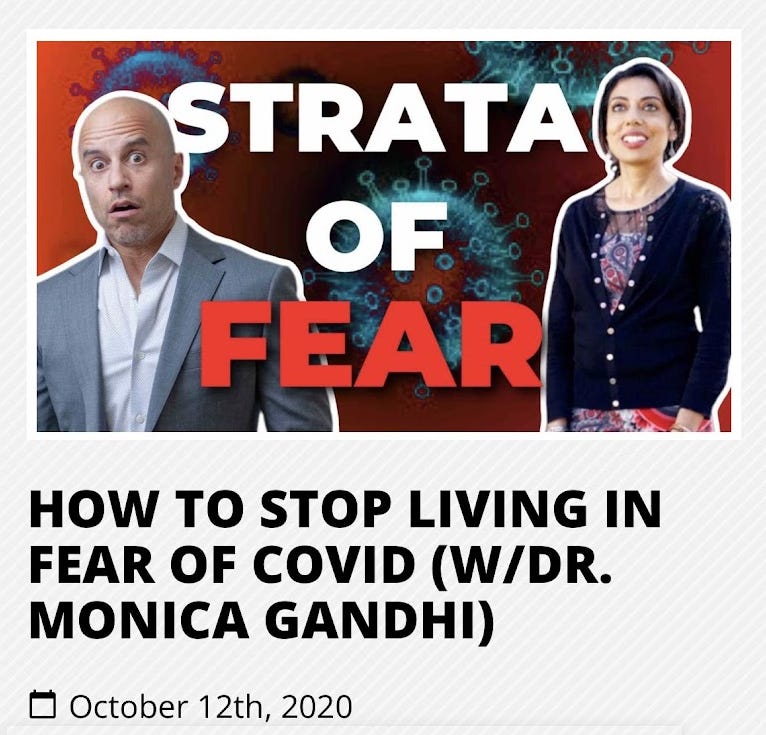a zdogg video titled "how to stop living in fear of covid with monica gandhi" dated october 2020