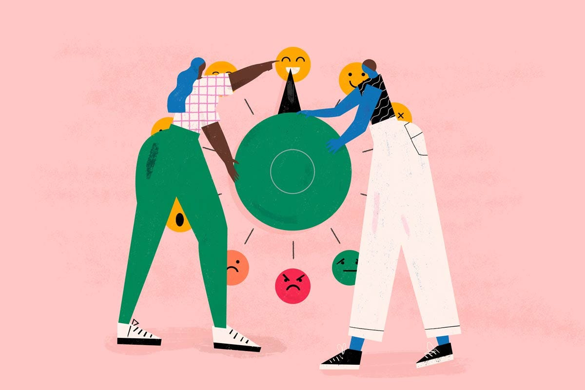 Illustration of two people choosing a positive attitude from a wheel of moods.