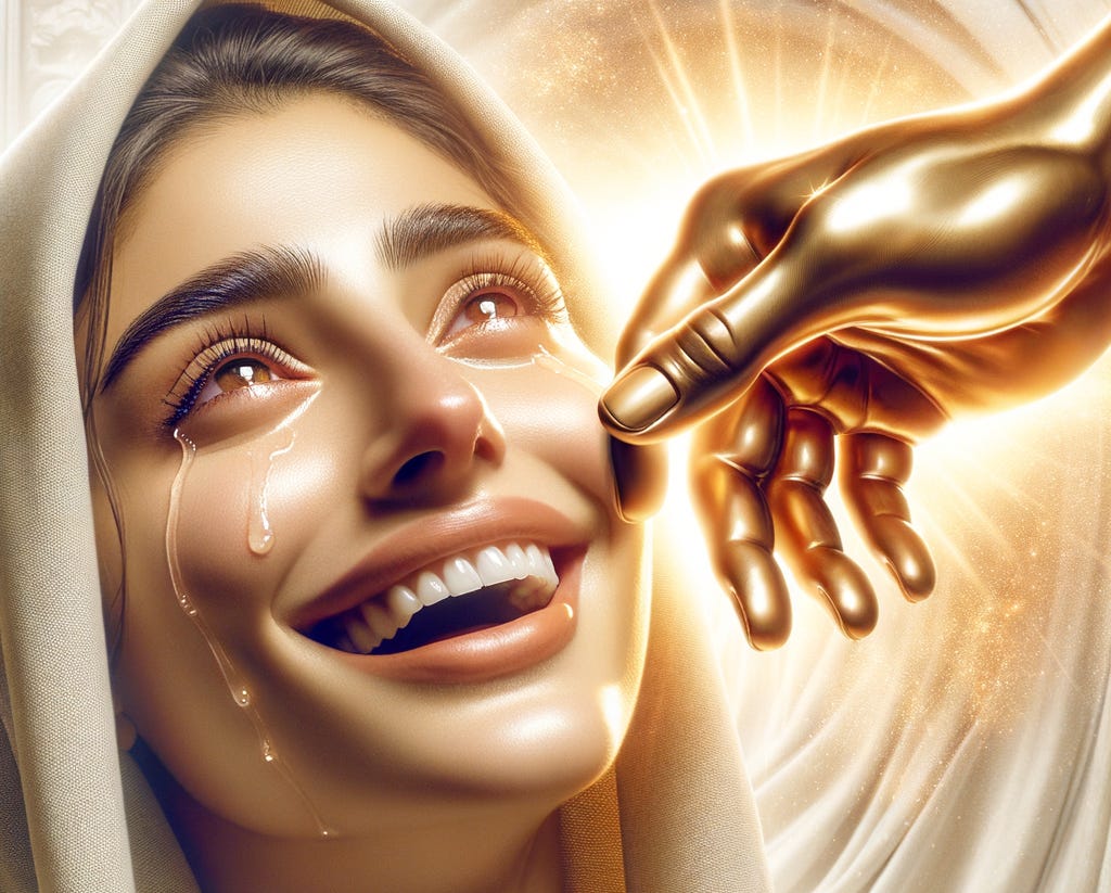 A radiant image illustrating Isaiah 25:8–9 KJV, depicting a glowing golden hand gently wiping tears from the face of a joyful woman, symbolizing God's promise to swallow up death, remove sorrow, and bring salvation and rejoicing to His people.