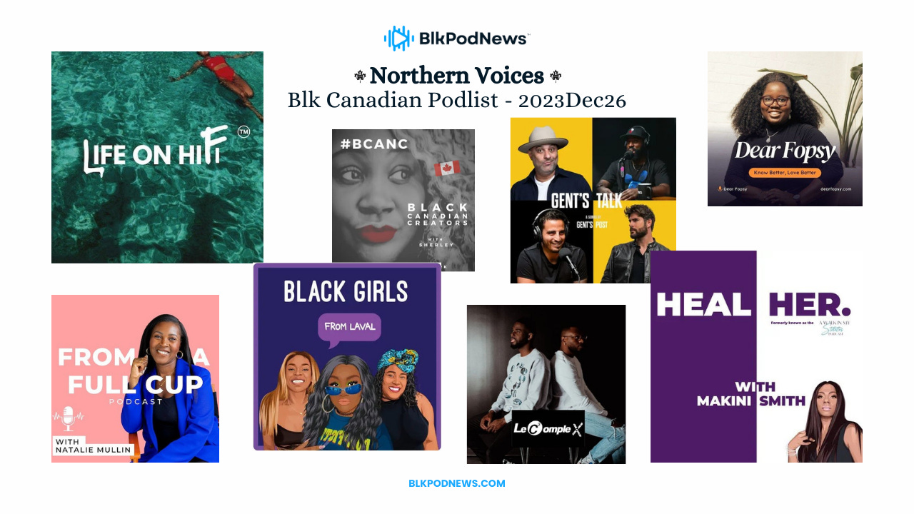 Compilation of 7 Black Canadian Podcast covers (English and French) for NV Podlist on December 26, 2023