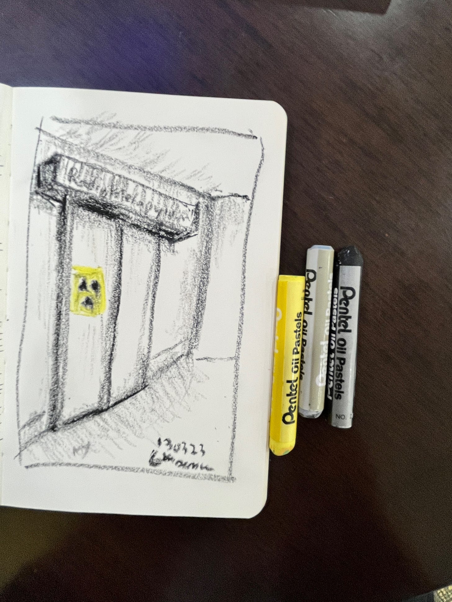 image: crayon sketch of a closed radiotherapy room door