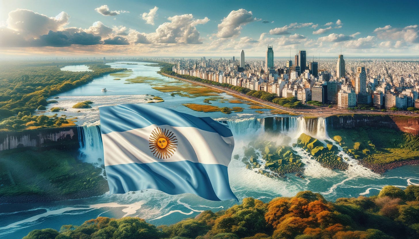 a picturesque view of Argentina, highlighting its natural beauty and the Argentine flag. This image should depict a different aspect of Argentina's diverse geography, such as its stunning coastline, the vibrant cityscape of Buenos Aires, or the majestic Iguazu Falls. The Argentine flag should be included in the scene, perhaps draped over a landmark or fluttering proudly against a clear sky, to celebrate the nation's identity.