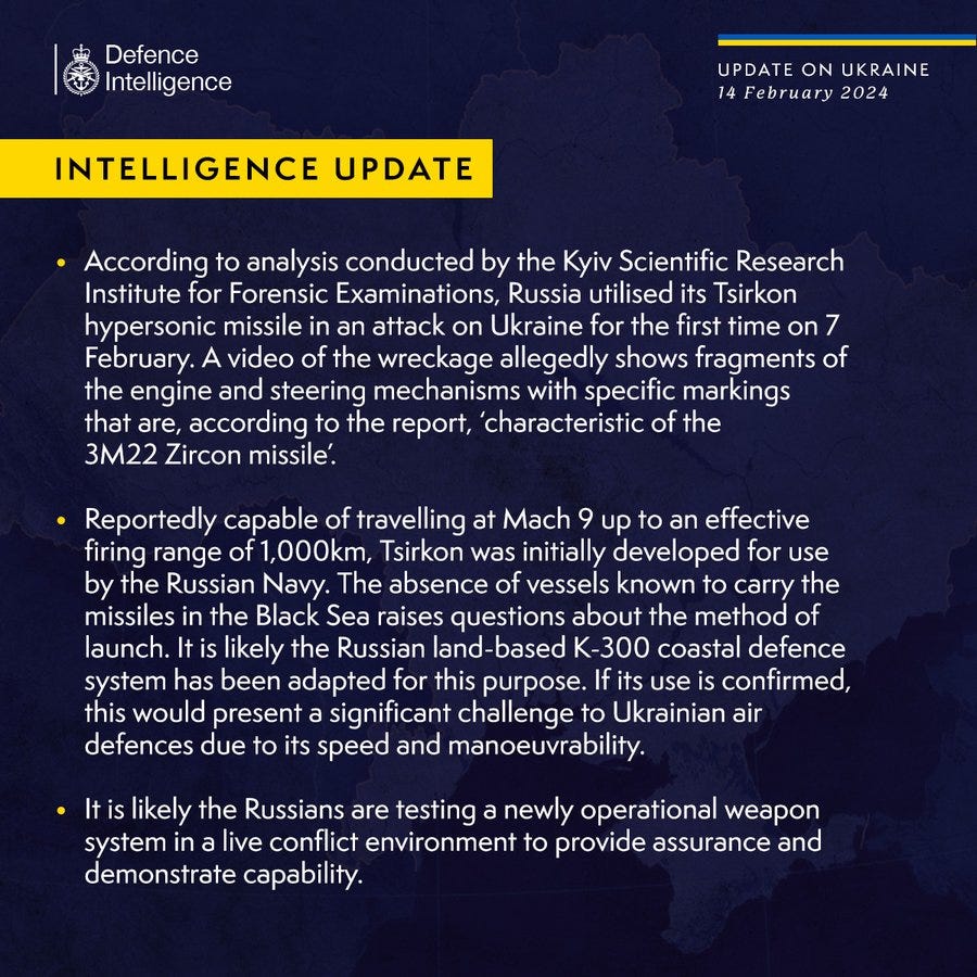 According to analysis conducted by the Kyiv Scientific Research Institute for Forensic Examinations, Russia utilised its Tsirkon hypersonic missile in an attack on Ukraine for the first time on 7 February. A video of the wreckage allegedly shows fragments of the engine and steering mechanisms with specific markings that are, according to the report, ‘characteristic of the 3M22 Zircon missile’.
 
Reportedly capable of travelling at Mach 9 up to an effective firing range of 1,000km, Tsirkon was initially developed for use by the Russian Navy. The absence of vessels known to carry the missiles in the Black Sea raises questions about the method of launch. It is likely the Russian land-based K-300 coastal defence system has been adapted for this purpose. If its use is confirmed, this would present a significant challenge to Ukrainian air defences due to its speed and manoeuvrability.
