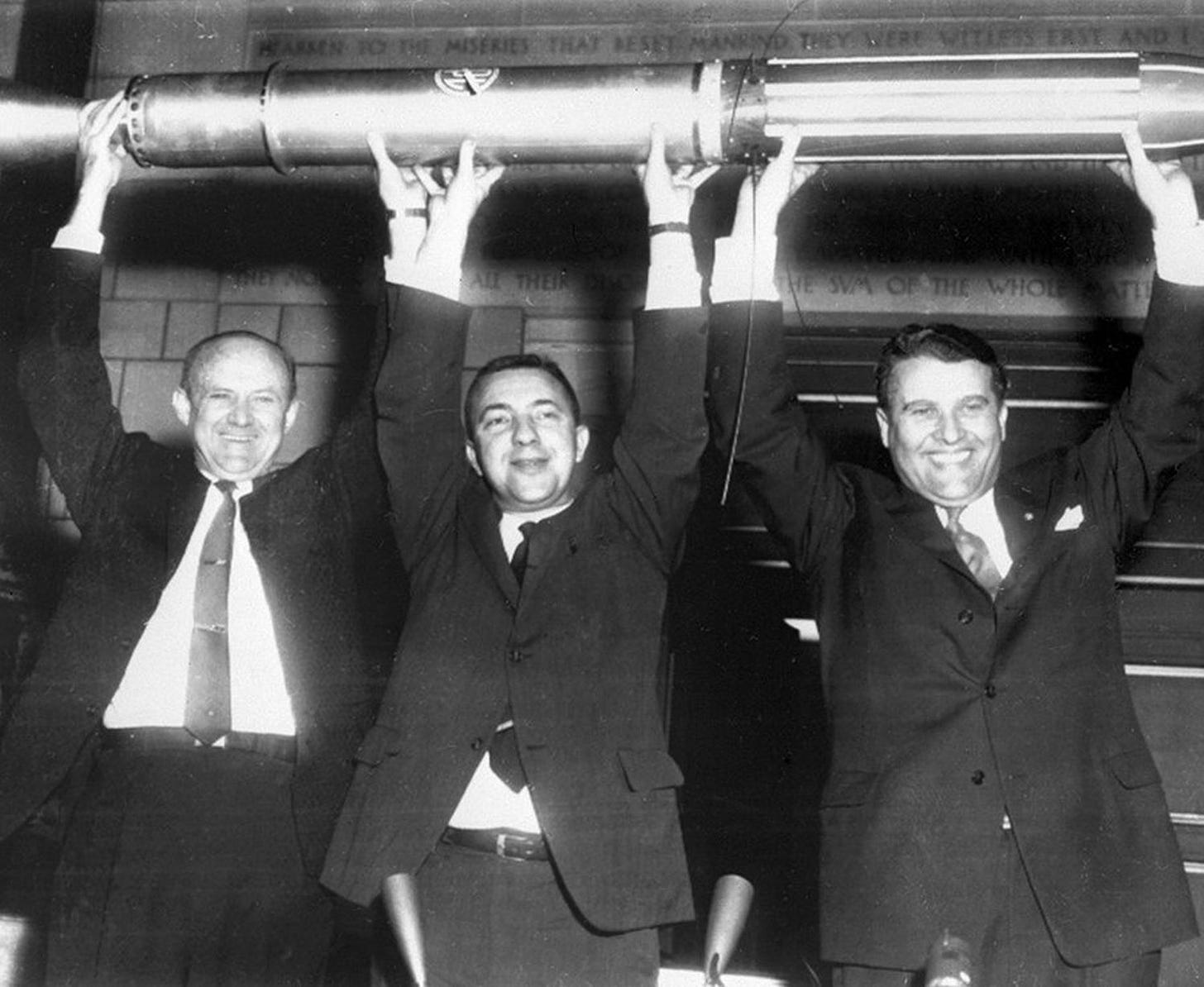 Former Nazi scientist Werner von Braun (right) celebrate the successful launch of Explorer 1 satellite: the birth of the US space program